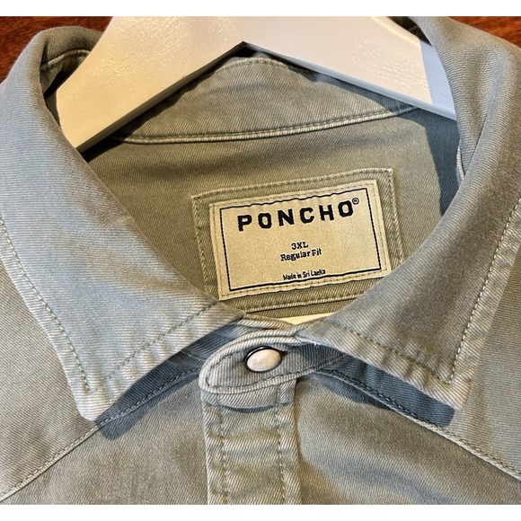 PONCHO Mens Long Sleeve Denim Western Shirt Ventura Sage Green Pearl Snap 3XL - Picture 3 of 8